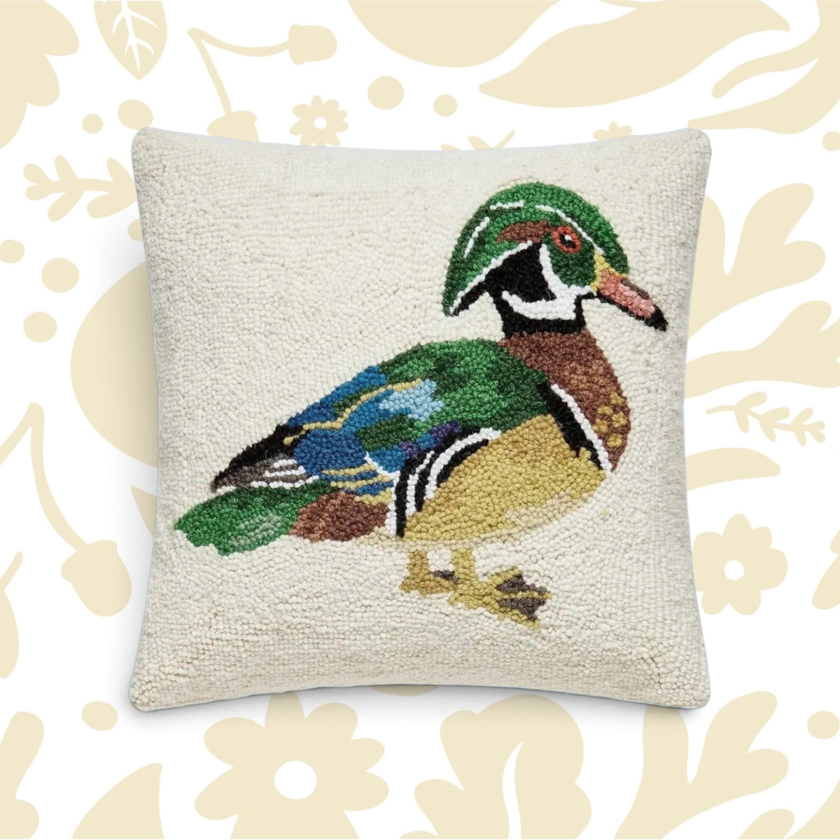 Peking Handicraft Mallard Wool Hook Cushion with colorful duck and floral accents—ideal for rustic country home décor.