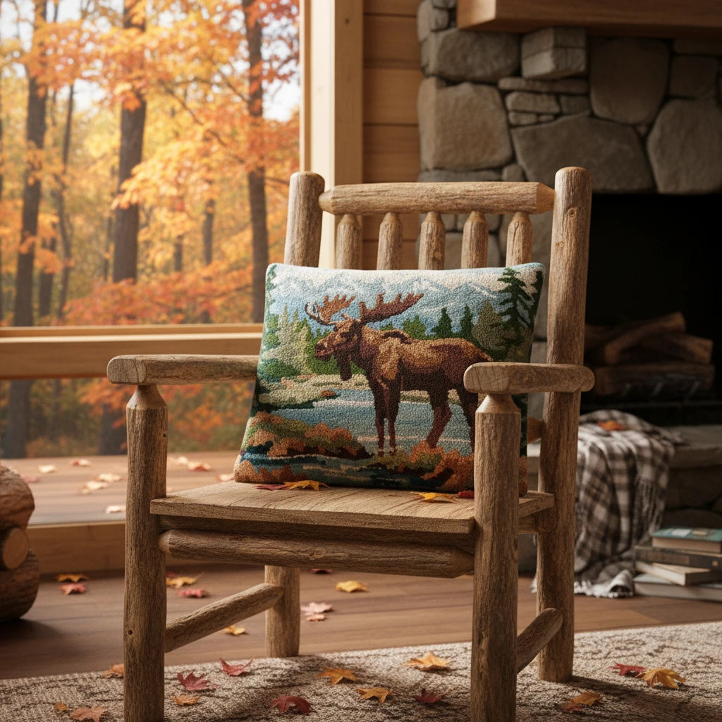 Peking Handicraft Forest Moose Wool Hook Cushion 16x20