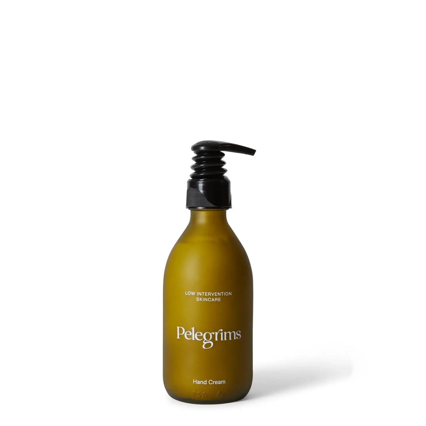 A green bottle of Pelegrims Polyphenol Hand Cream with a black pump dispenser on a white background. The label reads "Low Intervention Skincare" and features English Ortega Grape Extract for rejuvenation.