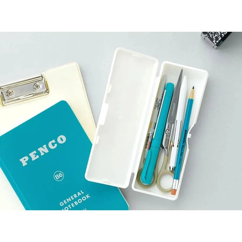 Bright orange rectangular Hightide Penco Storage Container Pen Case with a yellow label, listing categories: Hardware, Daily Stuff, Hard Tools, Stationery.
