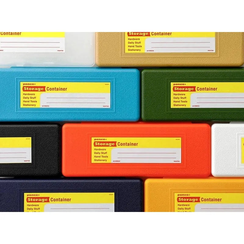 Bright orange rectangular Hightide Penco Storage Container Pen Case with a yellow label, listing categories: Hardware, Daily Stuff, Hard Tools, Stationery.