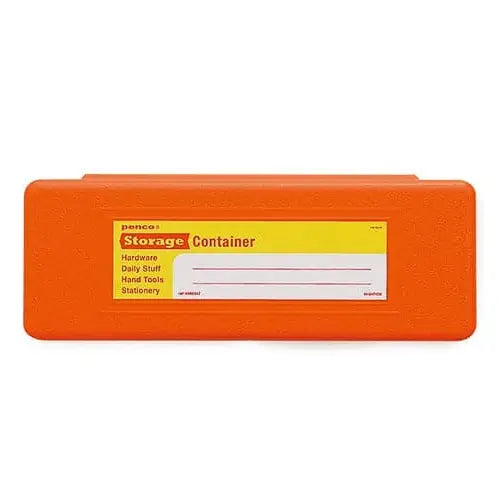 Bright orange rectangular Hightide Penco Storage Container Pen Case with a yellow label, listing categories: Hardware, Daily Stuff, Hard Tools, Stationery.