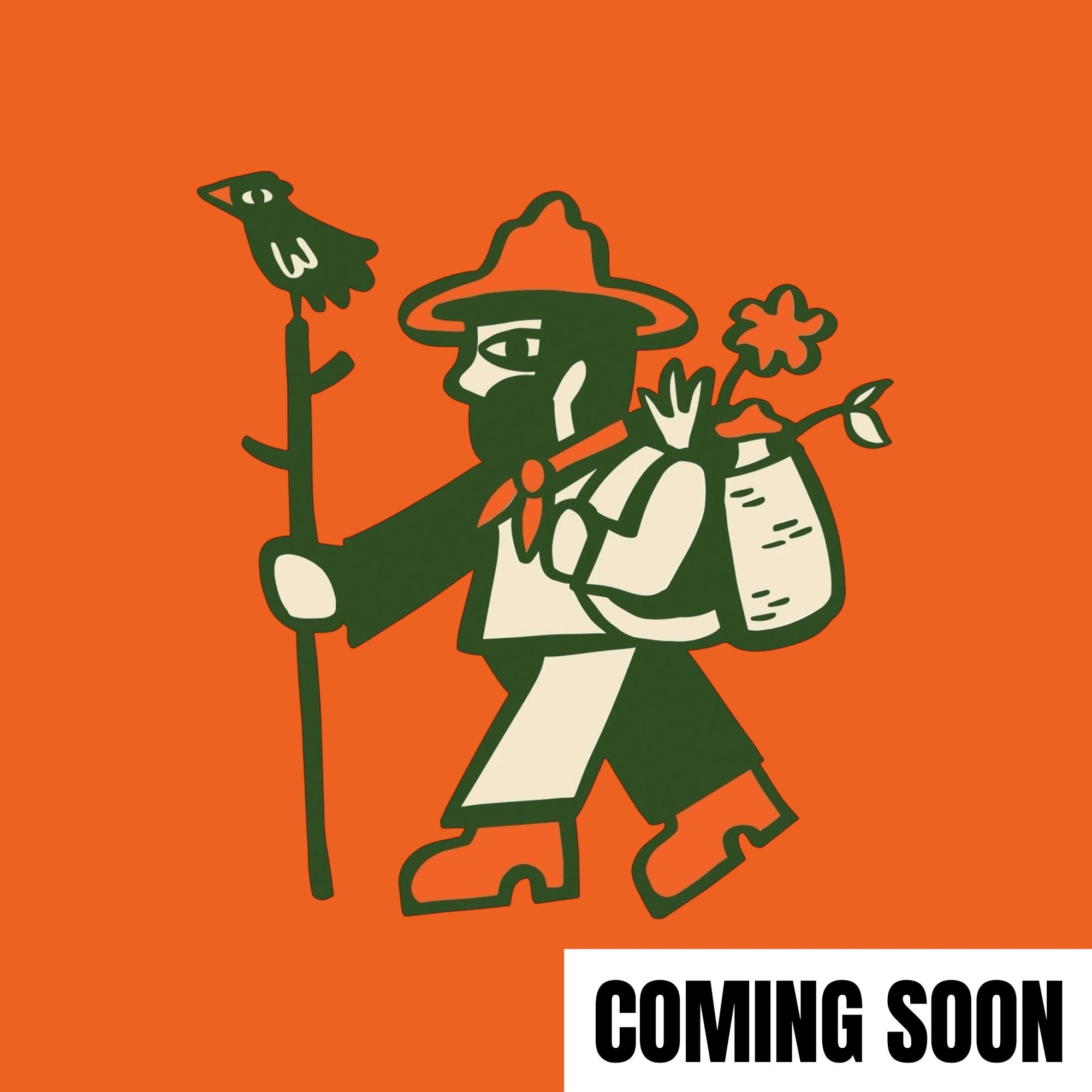 Cartoon hiker with stick, backpack, and bird on head walks left. “COMING SOON” text at bottom right. Hiking adventure image.
