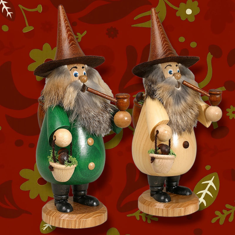 Wooden wizard figurines with gray beards, hats, and pipes stand on round bases in front of a red floral wallpaper background.