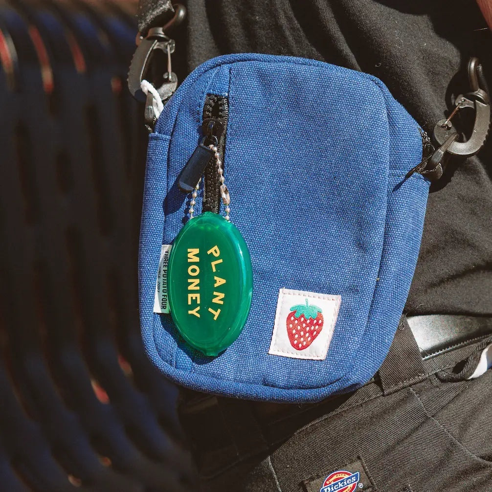 Blue Three Potato Four Plant Money Coin Pouch with strawberry patch and green zipper keychain, cute coin holder accessory.