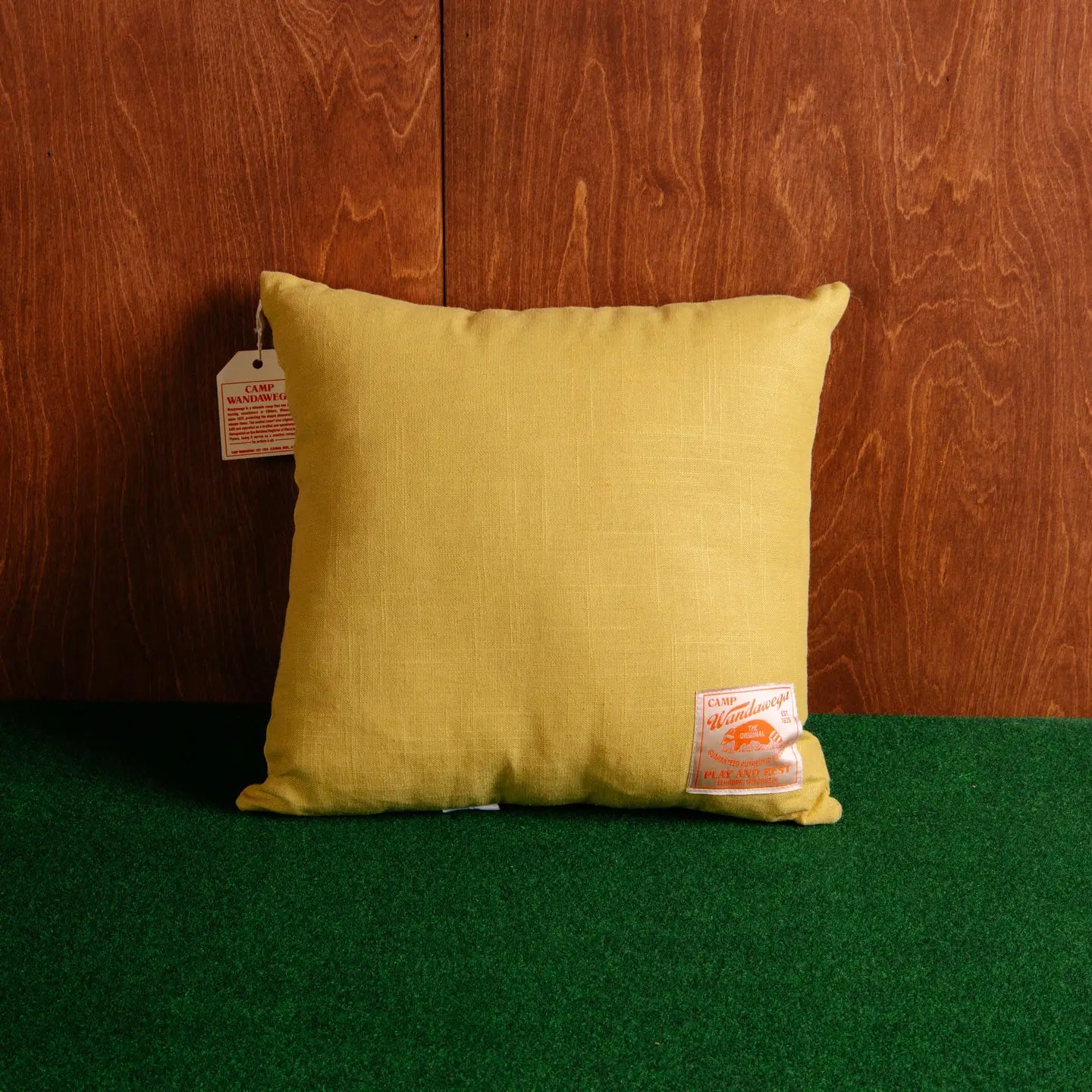 Shop the Peking Camp Wandawega Pointer yellow chainstitched pillow, square with tags, on green carpet by a wood wall.