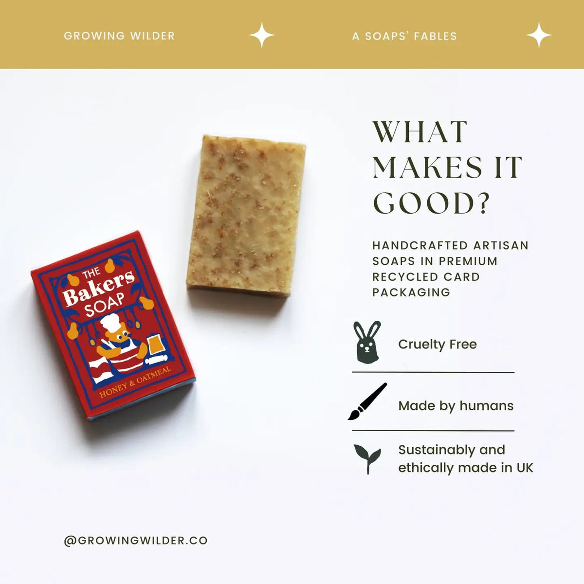 Forager Provisions LTD Growing Wilder The Bakers Soap bar with oats and honey next to its red illustrated box.