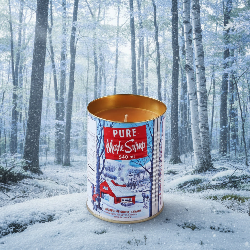 Seracon Maple Syrup Candle in 540 ml tin with cotton wick, Canadian maple leaf design, ideal unique Canada gift idea.