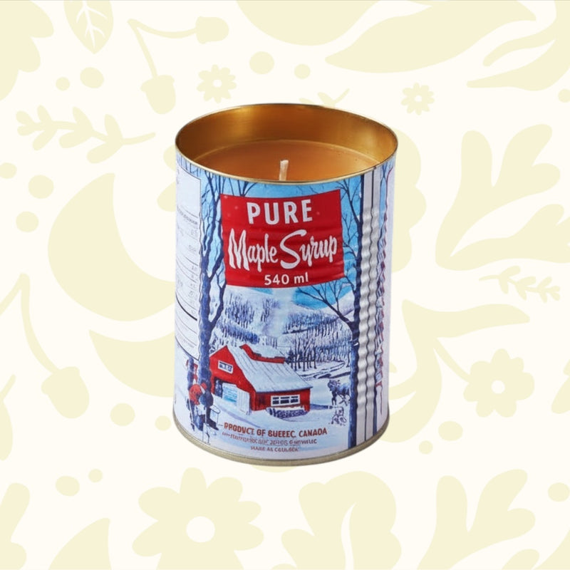 Seracon Maple Syrup Candle in 540ml tin with red cabin, top Canadian gift, cozy soy candle, unique home fragrance.