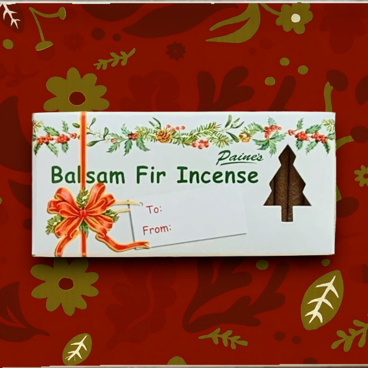 Forager Provisions LTD Paines Products balsam fir incense sticks in a festive gift box with a Christmas tree cutout.