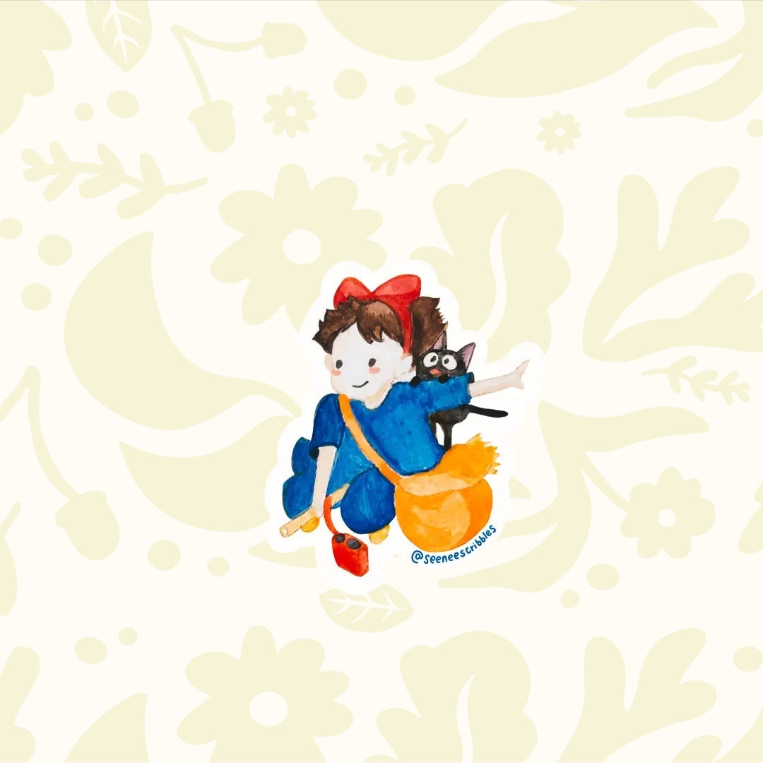 The Seenee Scribbles Studio Ghibli Inspired Kiki Delivery Service Sticker features a charming cartoon girl in a blue outfit with a red bow, holding a broomstick and accompanied by an adorable black cat. Encircled by green leaves on a wooden surface, she evokes the enchanting essence of Kiki's Delivery Service. Ideal for vinyl stickers!
