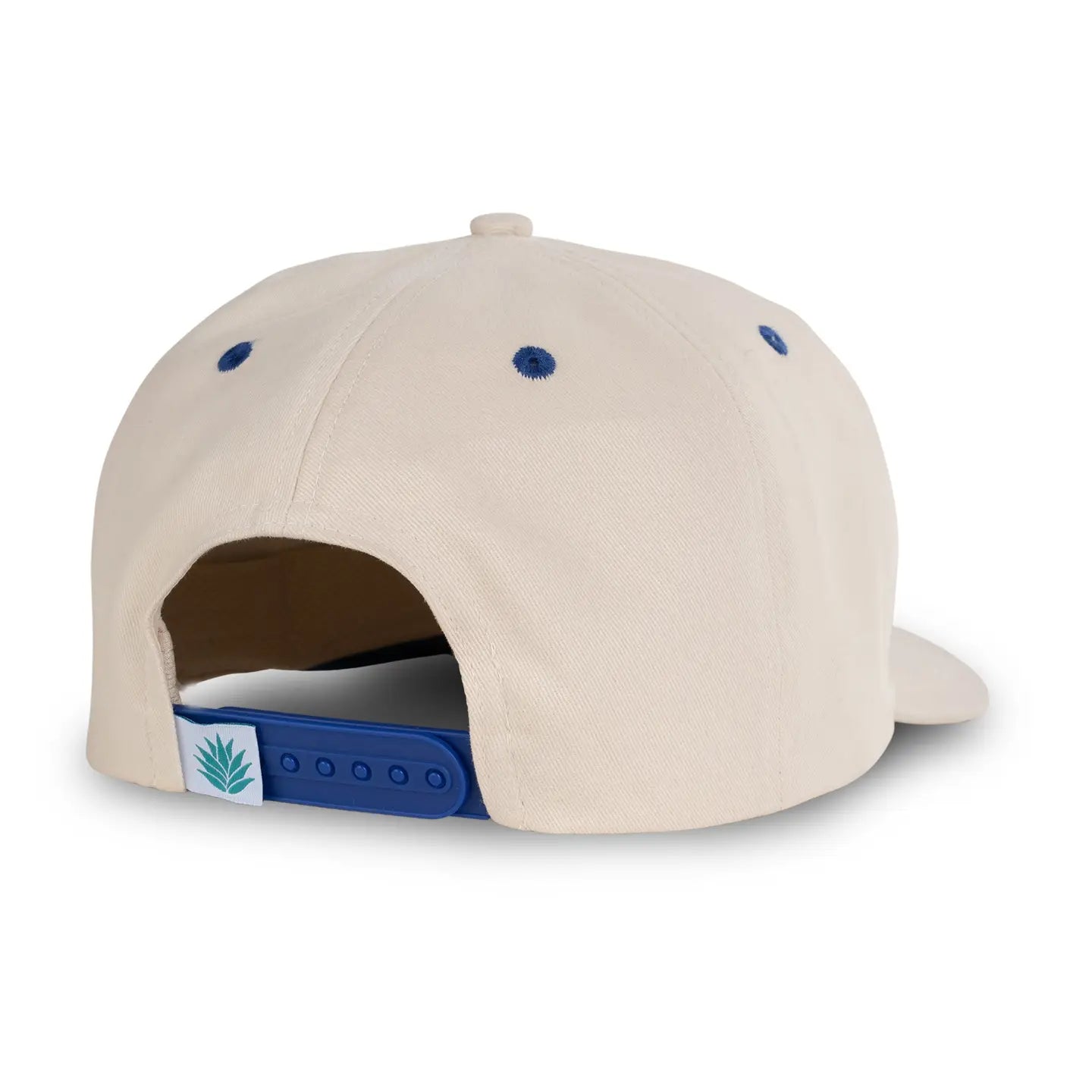Sendero Provisions Lunker Fish Cap in white, back view with blue adjustable strap and distinctive green leaf tag, stylish outdoor hat.
