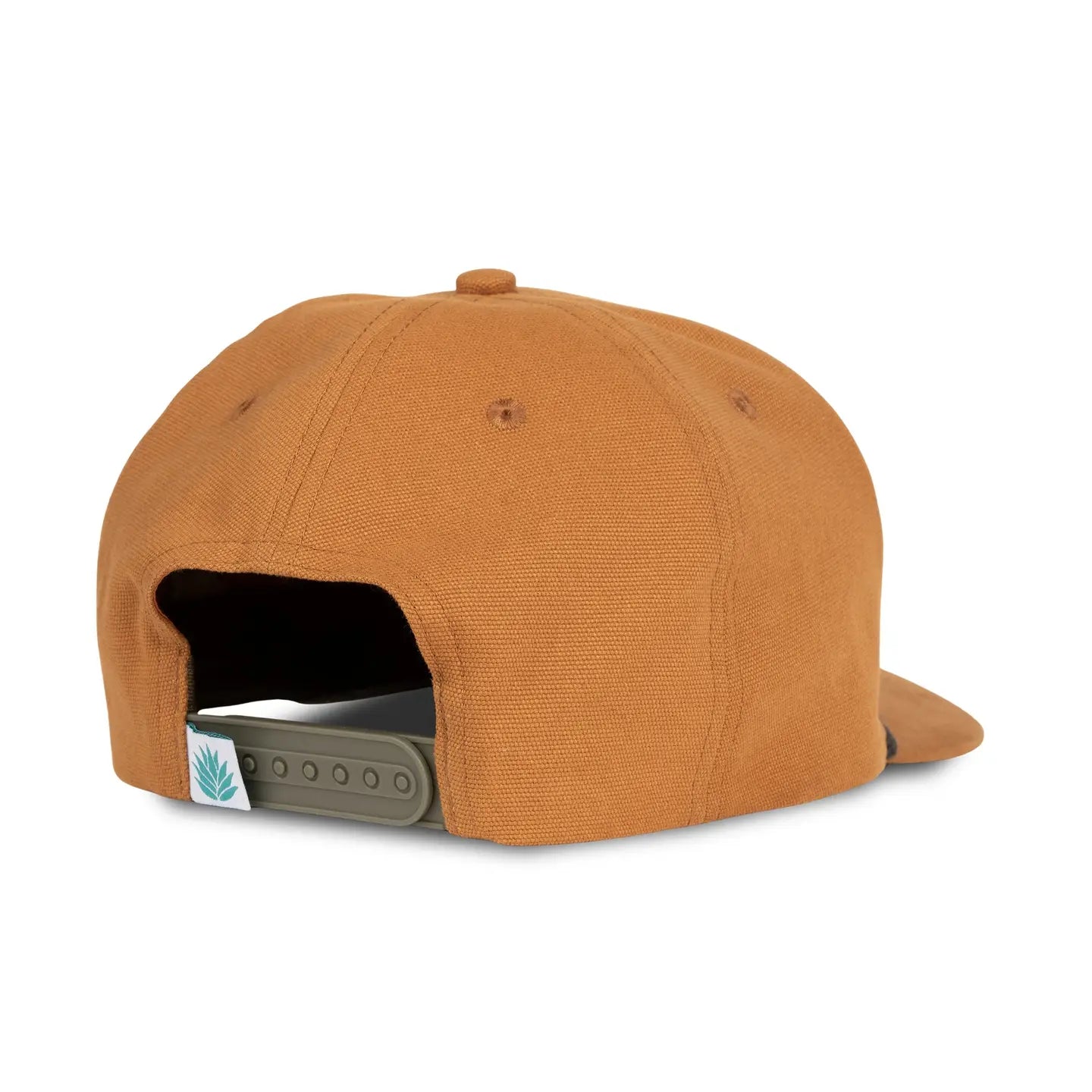 Brown Sendero Bear Graphic Cap back view with adjustable strap, white tag featuring green leaf. Stylish outdoor hat accessory.