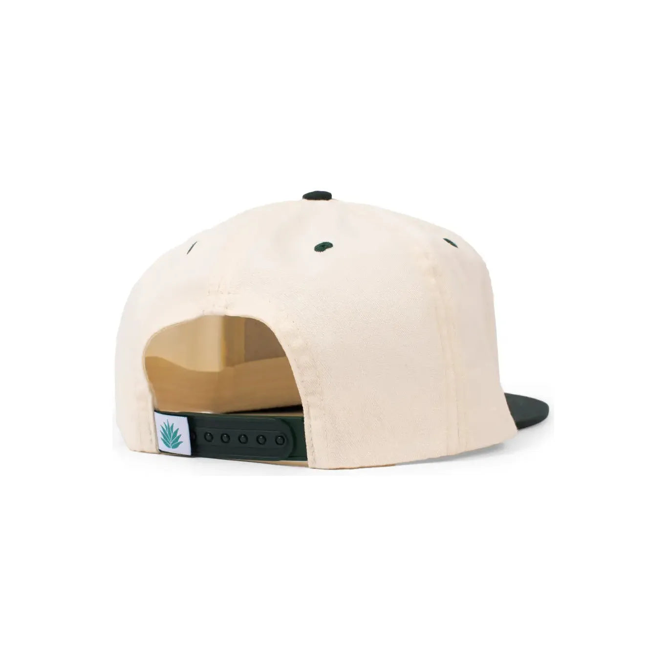 The Sendero Provisions LeRoy Brown Cap, a beige baseball cap crafted from premium cotton canvas, features a black adjustable strap and a small green leaf logo at the bottom when viewed from the back.