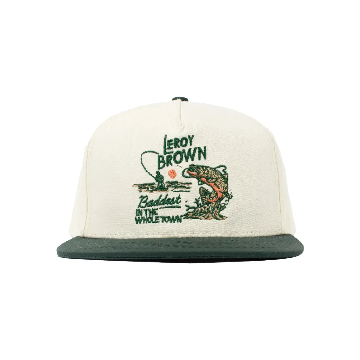 Introducing the Sendero Provisions LeRoy Brown Cap: a beige and green cotton canvas hat featuring an embroidered design of a fish, a fishing rod, and the text "Leroy Brown Baddest in the Whole Town." Expertly crafted in Mexico with premium print quality.