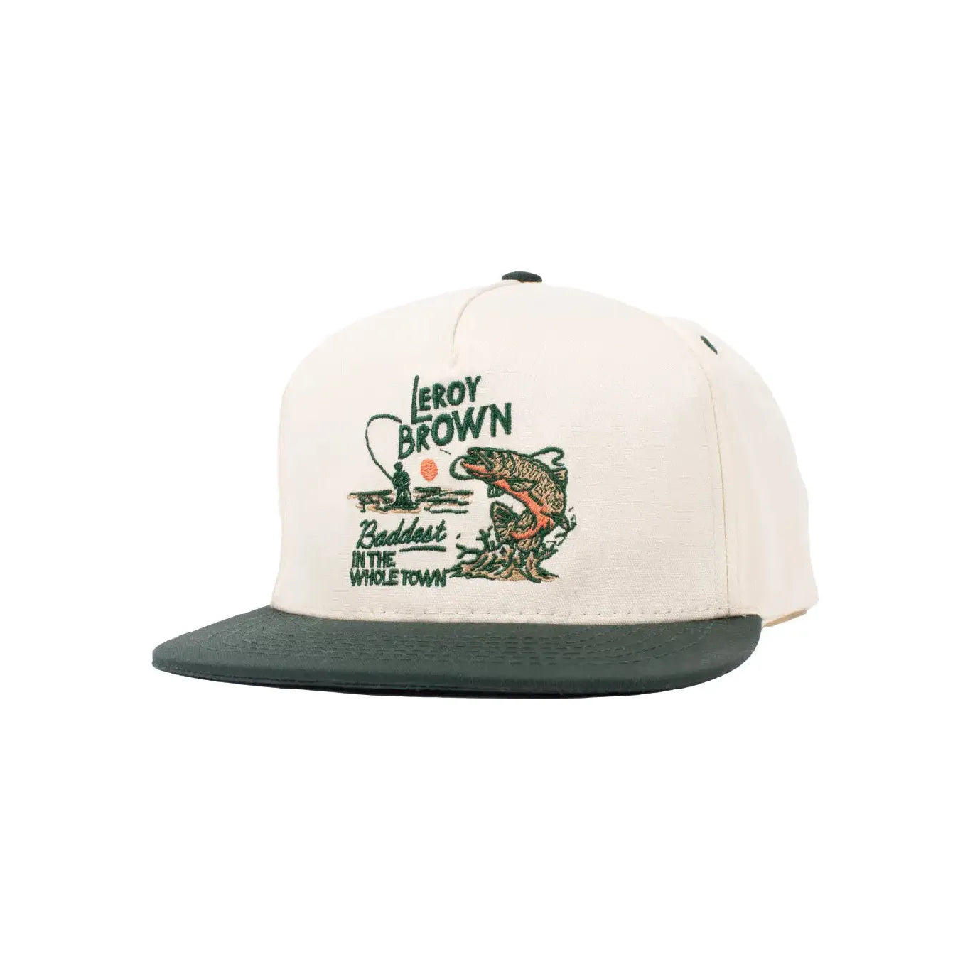 The Sendero Provisions LeRoy Brown Cap is a white and green cap made from durable cotton canvas, featuring an embroidered design of a fish and the text "Leroy Brown, Baddest in the Whole Town.