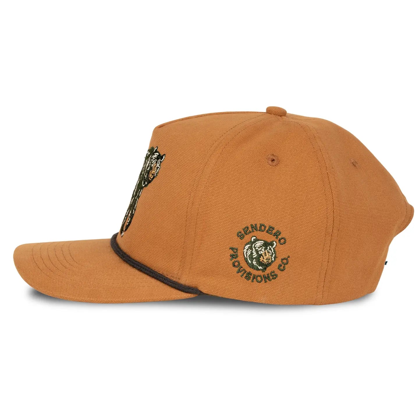 Brown Sendero cap featuring a bear graphic, with Sendero Provisions Co. logo embroidered on the side; stylish outdoor hat.