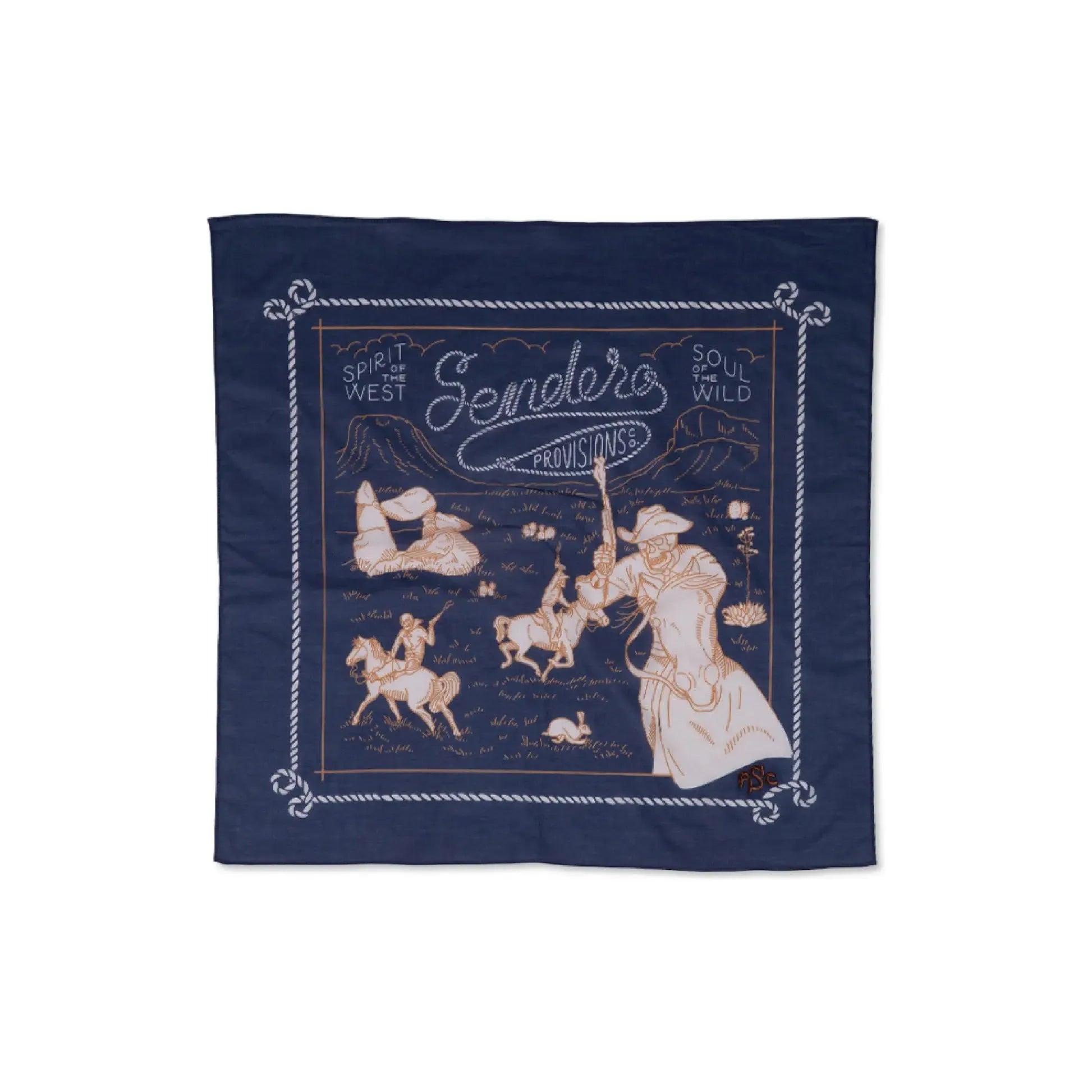 The Sendero Provisions Skeleton Riders Bandana is a navy blue accessory adorned with cowboy and Western-themed illustrations, featuring the text "Sendero Provisions" in the center. It is crafted from 100% Organic Japanese Cotton.