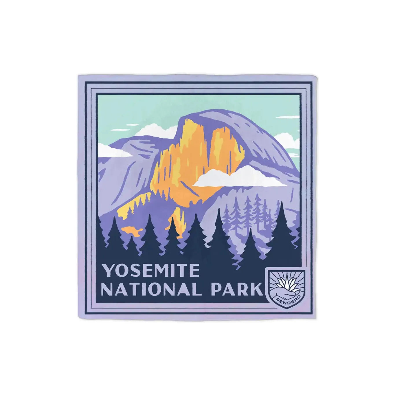 Illustration of Yosemite National Park featuring a stylized mountain, trees, and blue skies, accompanied by the text "Yosemite National Park," printed on the 100% Organic Japanese Cotton Sendero Provisions Yosemite Bandana for a silky smooth finish.