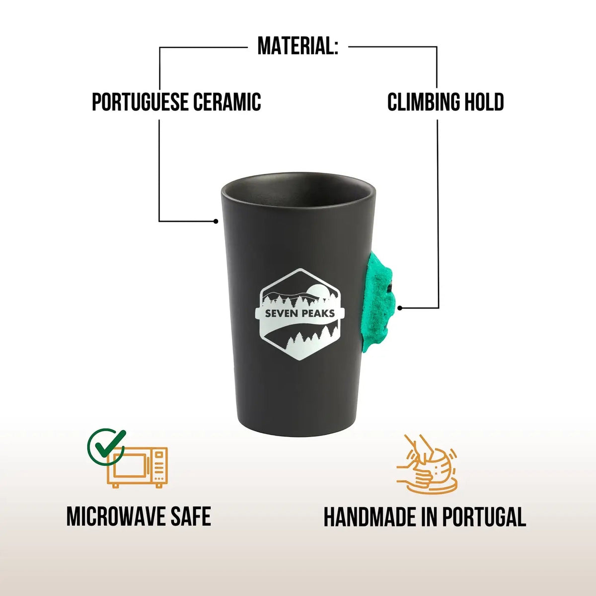 Handmade in Portugal, this Seven Peaks 7a Easy Grip climbing mug has a turquoise hold grip—ideal gift for climbers.