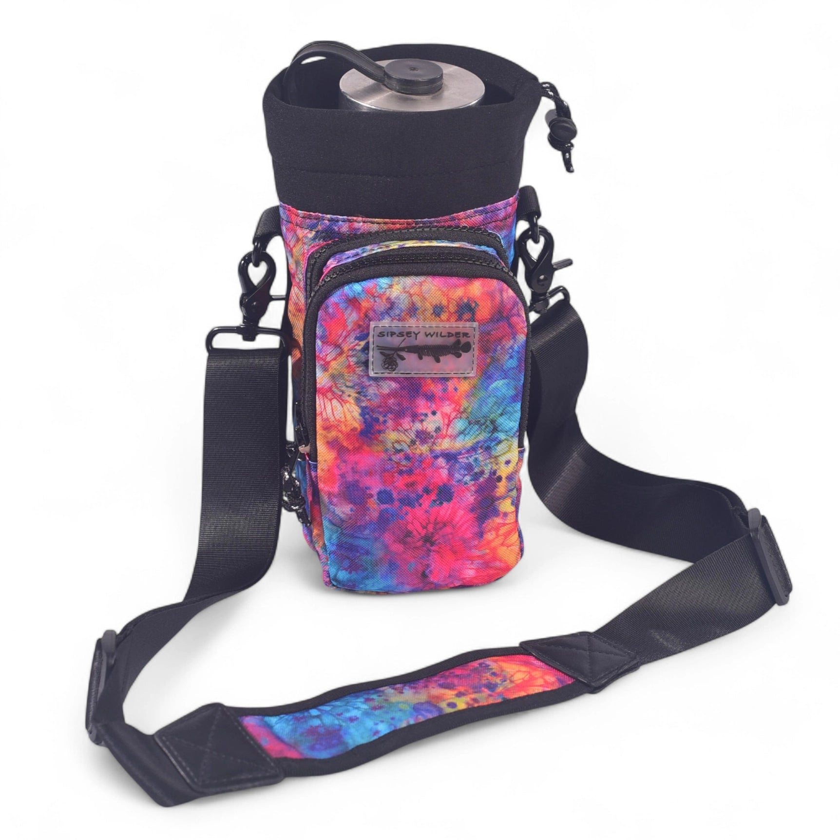 Shop the Sipsey Wilder Tie-Dye Bloom Water Bottle Carrier with black adjustable strap and front zipper pocket for easy carrying.