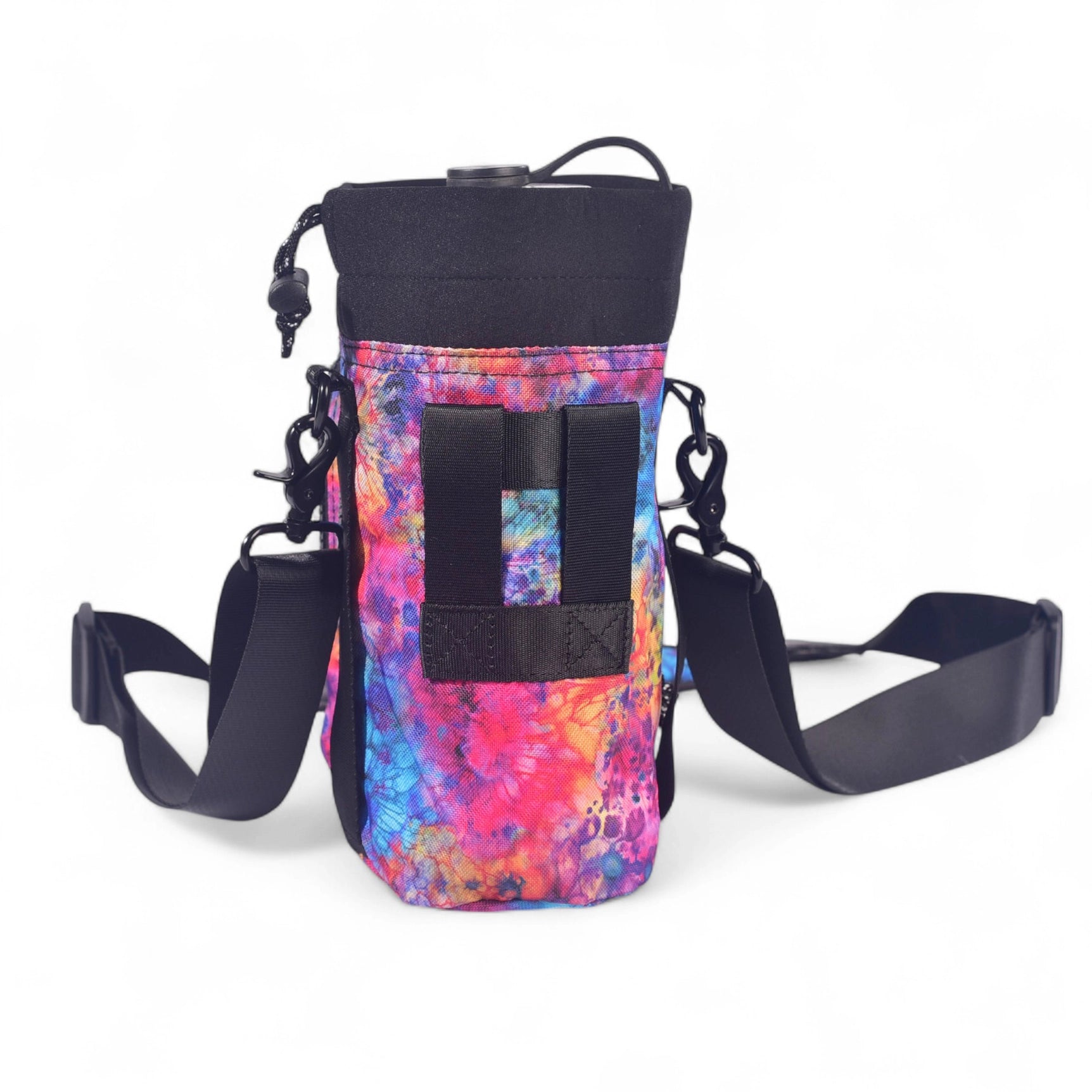 Sipsey Wilder Tie-Dye Bloom Water Bottle Carrier; eco recycled polyester, black straps, handy front pocket, stylish & durable.