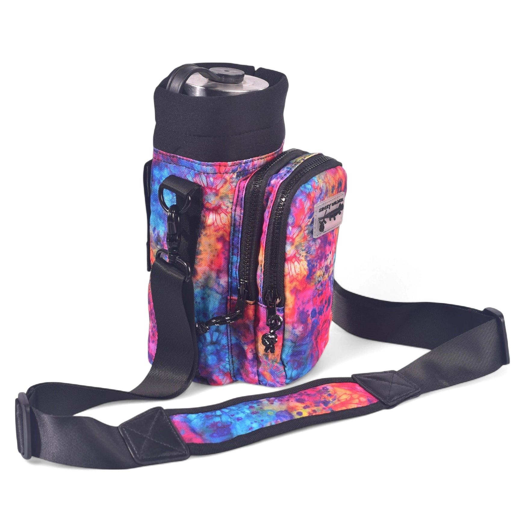 Sipsey Wilder tie-dye water bottle carrier with adjustable strap, zipper pocket, made from eco-friendly recycled polyester.