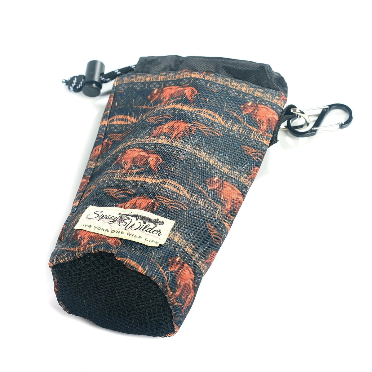 Forager Provisions LTD Sipsey Wilder water bottle holder with buffalo print, drawstring top, and carabiner clip.