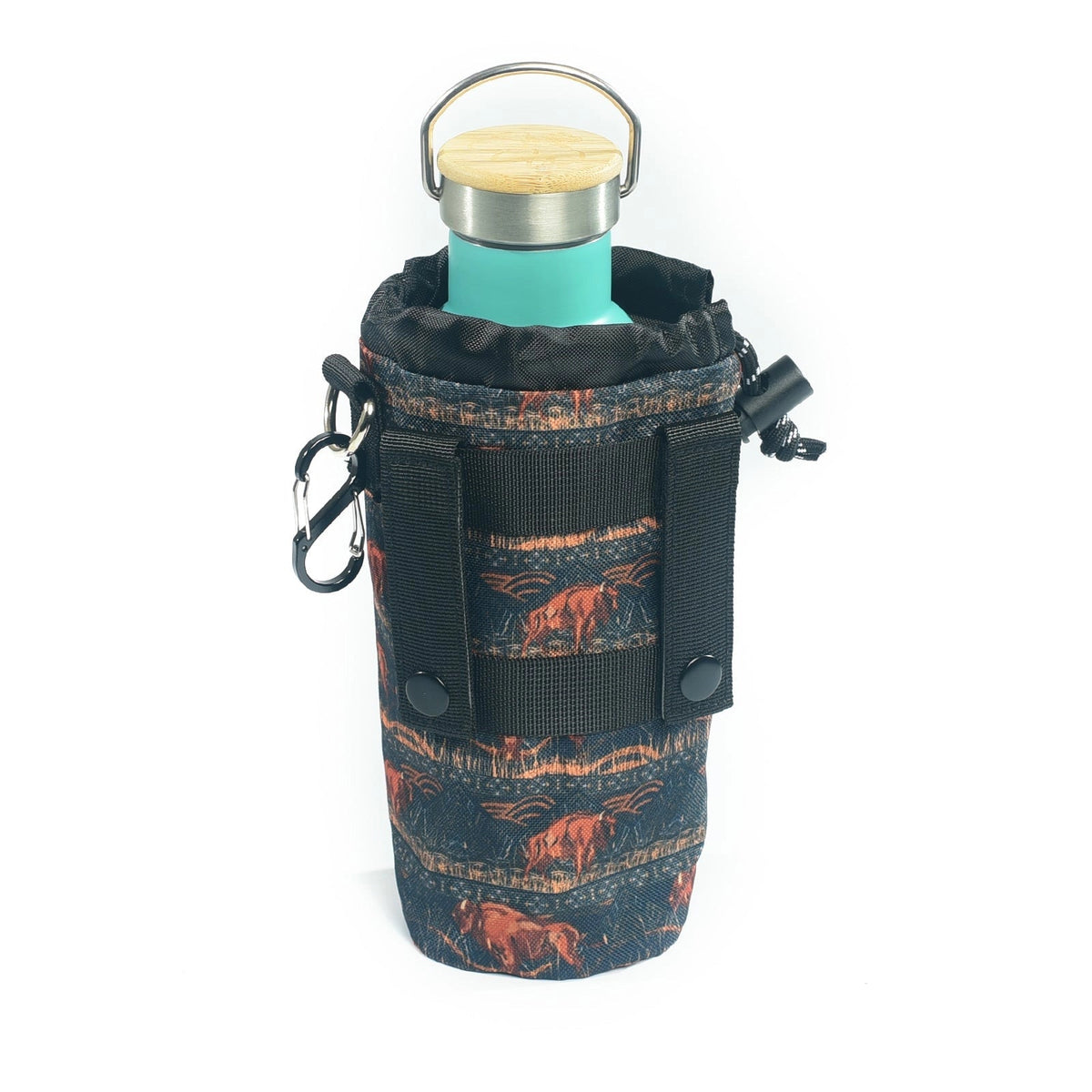 Forager Provisions LTD Sipsey Wilder buffalo print water bottle holder with a teal flask and adjustable waist strap