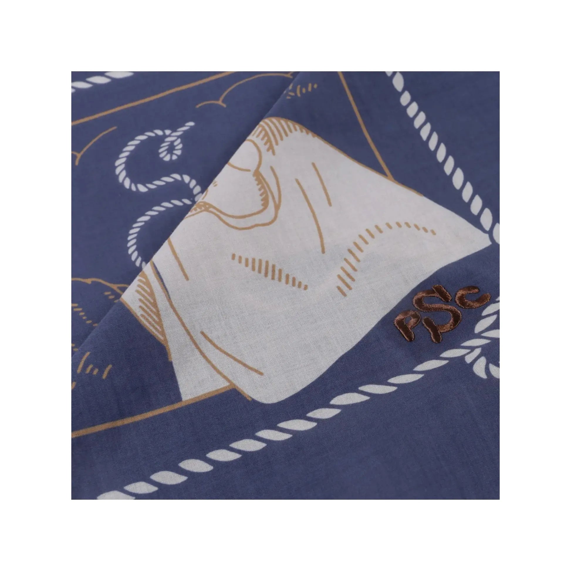 The Sendero Provisions Skeleton Riders Bandana is a navy blue accessory adorned with cowboy and Western-themed illustrations, featuring the text "Sendero Provisions" in the center. It is crafted from 100% Organic Japanese Cotton.