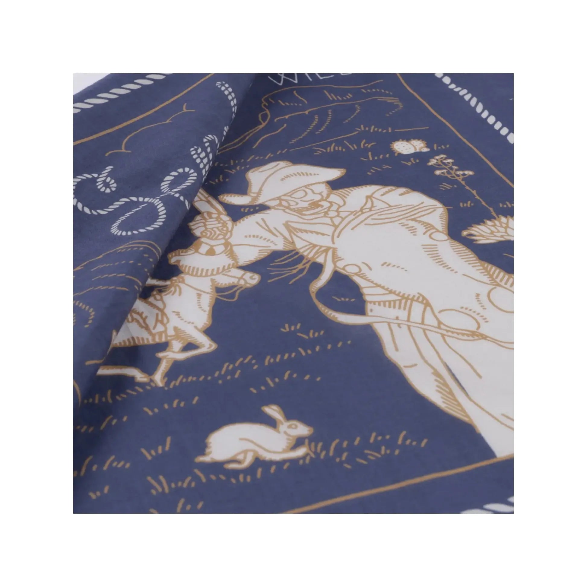 The Sendero Provisions Skeleton Riders Bandana is a navy blue accessory adorned with cowboy and Western-themed illustrations, featuring the text "Sendero Provisions" in the center. It is crafted from 100% Organic Japanese Cotton.