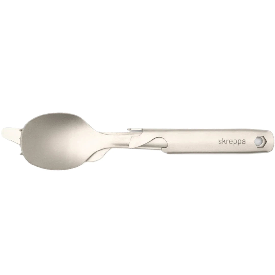 Ultralight Skreppa Titanium Cutlery Set with Holster—engraved, food-grade camp utensils for hiking and backpacking enthusiasts.