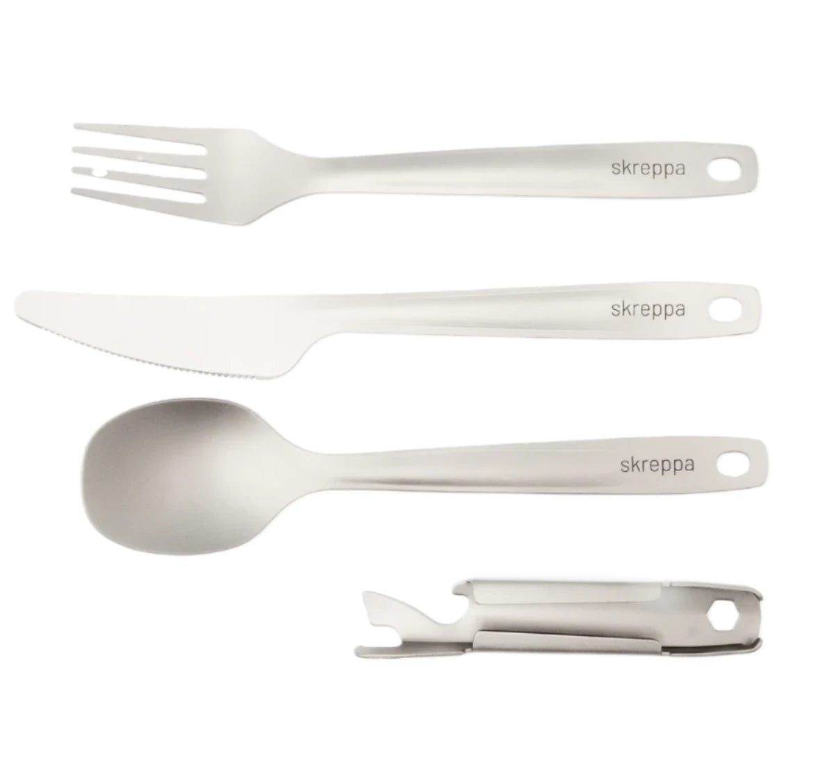Skreppa Titanium Cutlery Set: 4 ultralight food-grade titanium utensils with holster—perfect lightweight camping gear.