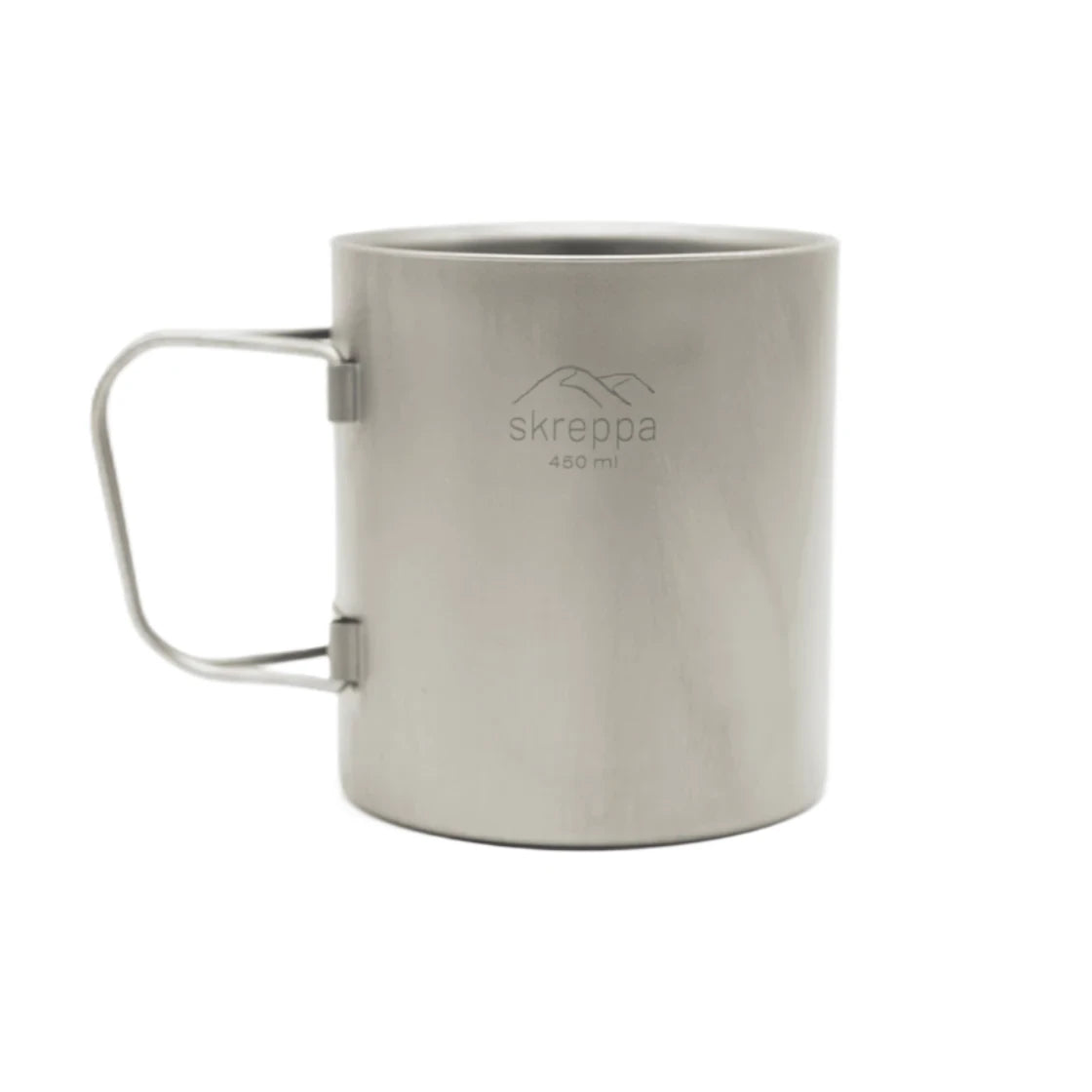 Skreppa Double Wall Titanium Mug 450ml (for reference) – folding handle, insulated, ultra-light camping mug, durable outdoor gear.