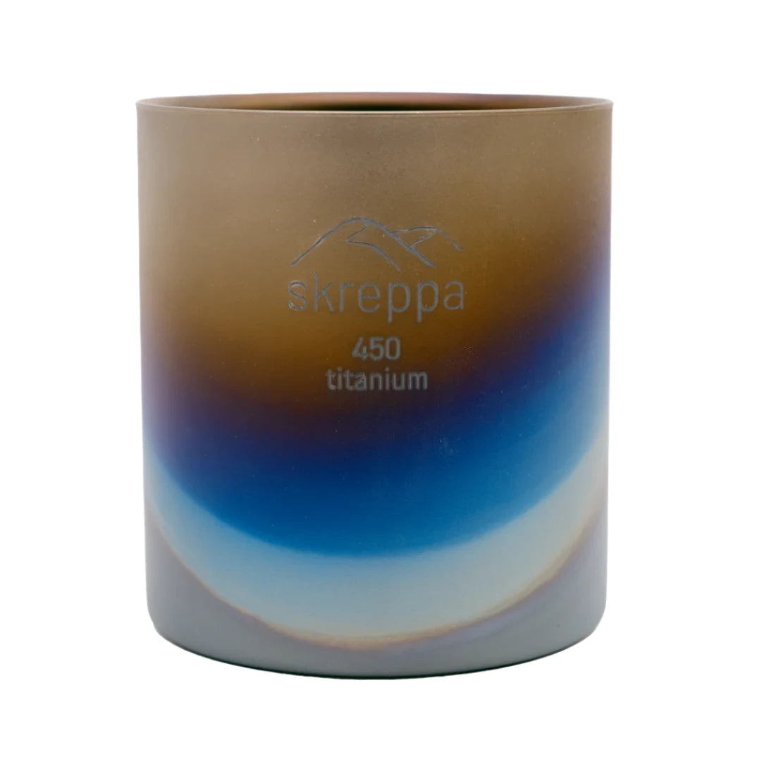 Skreppa Double Wall Titanium Mug 450ml, ultra-light, gradient brown-blue-gray, insulated, logo front; premium camping mug.