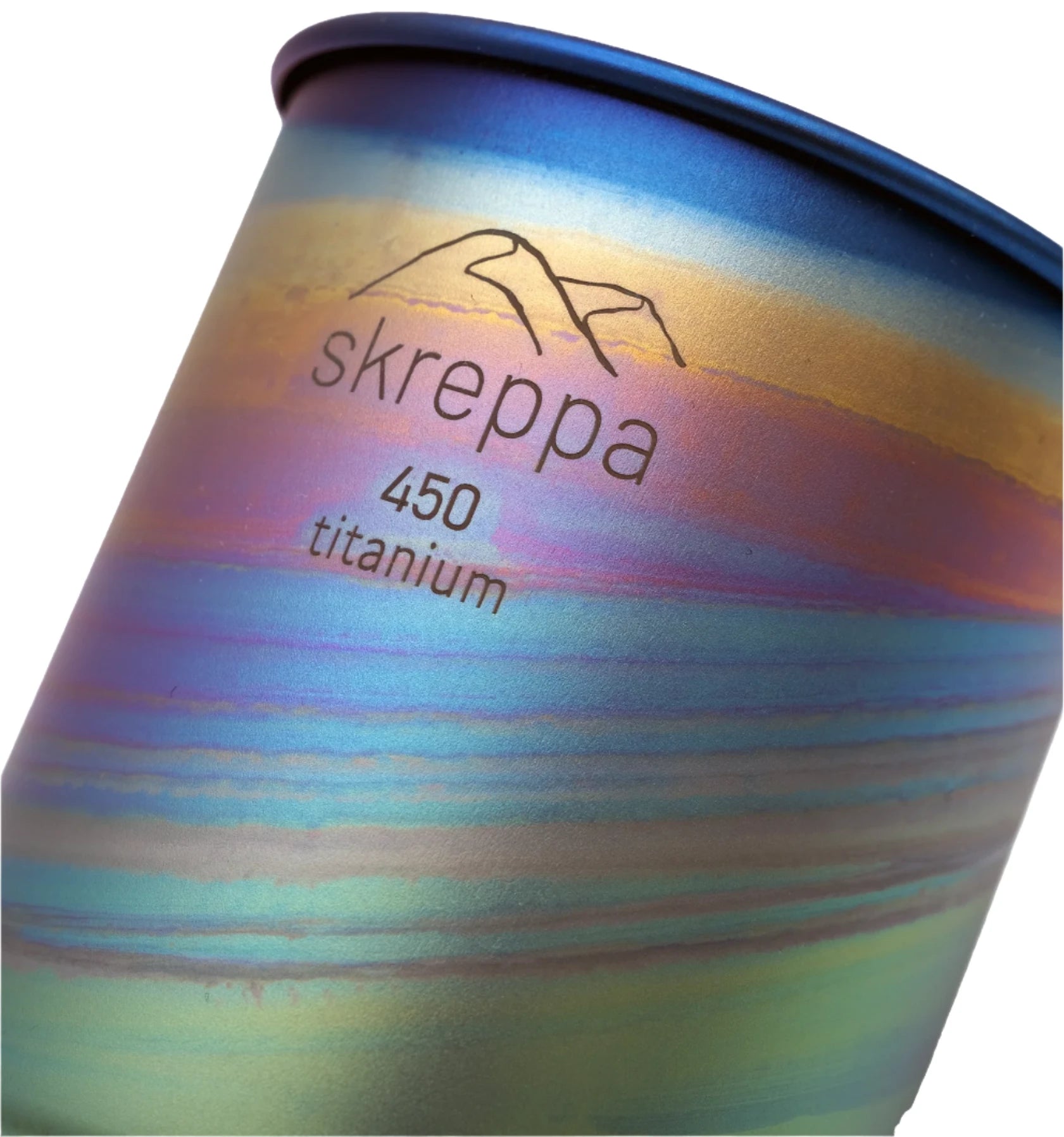 Skreppa Single Wall Titanium Mug 450ml Geodic with mountain design, lightweight camping cup, adventure outdoor gear close-up.