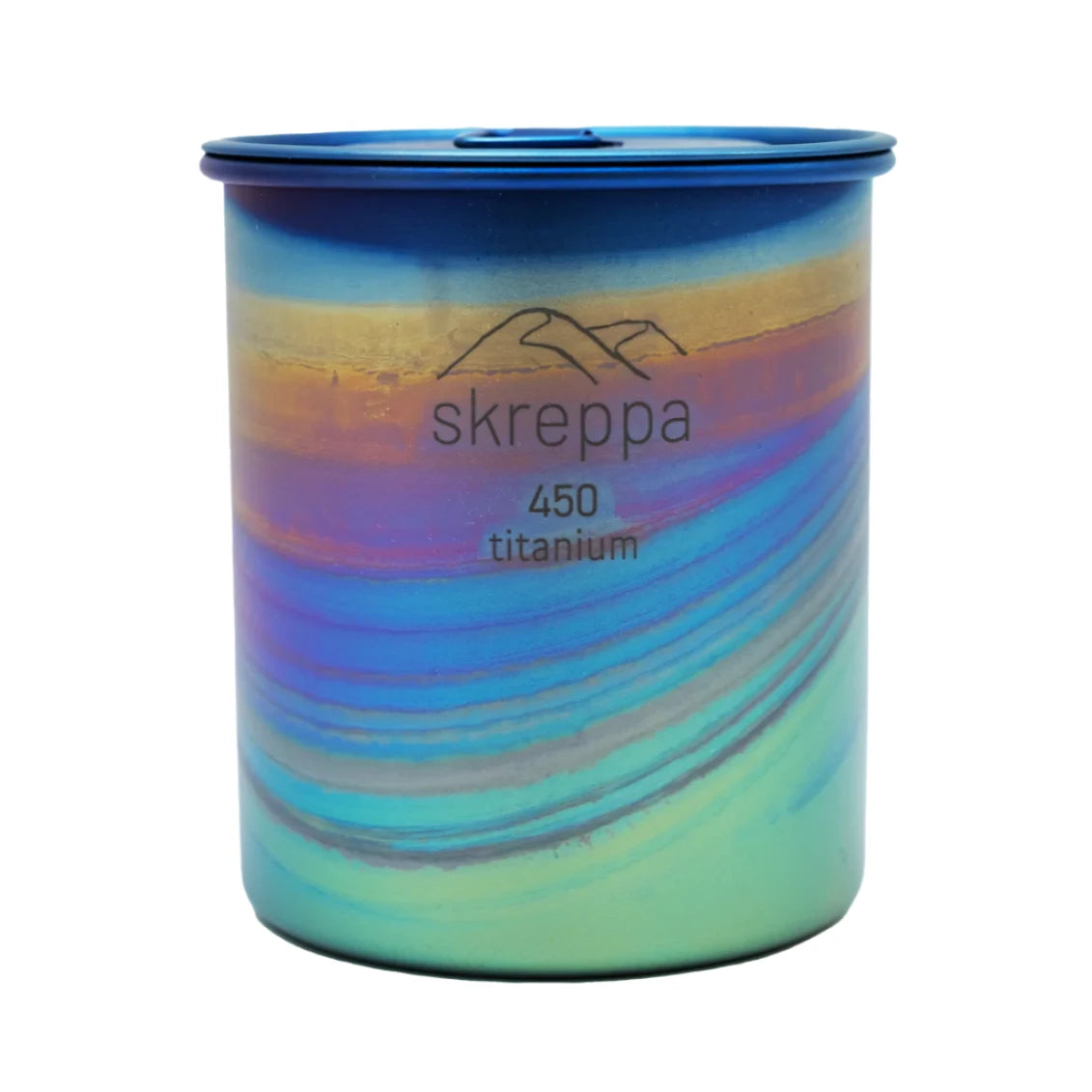 Skreppa 450ml Titanium Mug with Geodic pattern & iridescent finish, lightweight, durable single wall camping travel cup.
