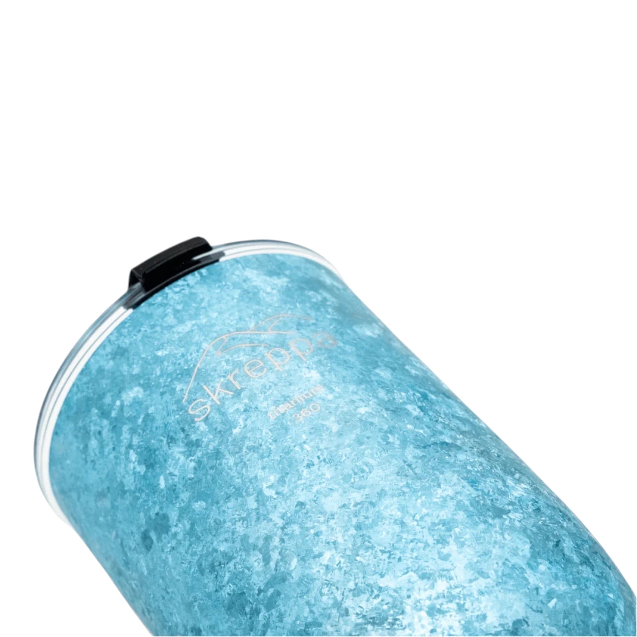 Blue Skreppa 350ml Double Wall Titanium Tumbler, textured and tilted with clear lid on white background, insulated cup.