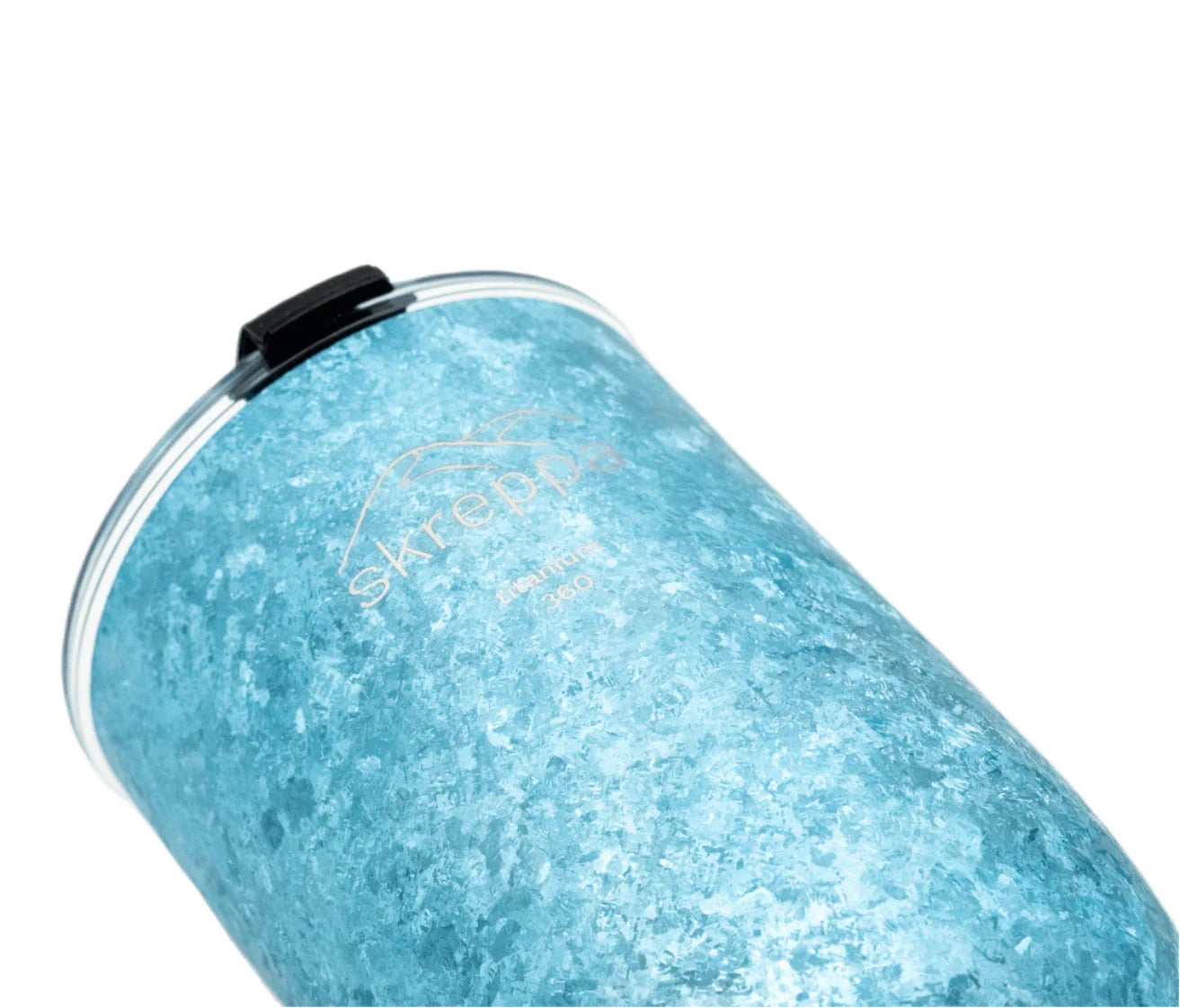 Blue Skreppa Double Wall Titanium Tumbler with clear lid and black slider, premium insulated cup at an angle.
