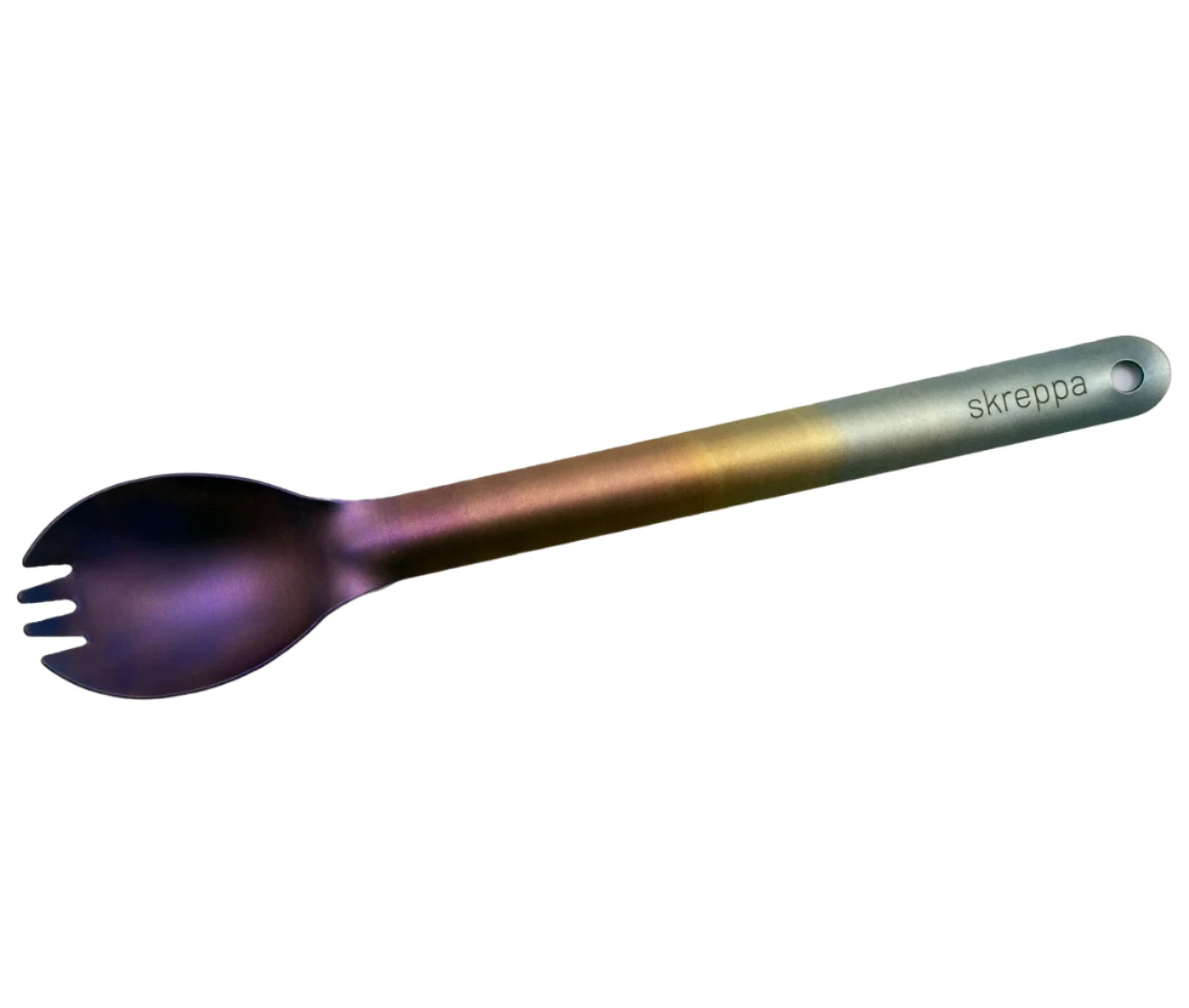 Skreppa Geodic long handled titanium spork with gradient metallic finish, engraved branding—ultra-light camping utensil.