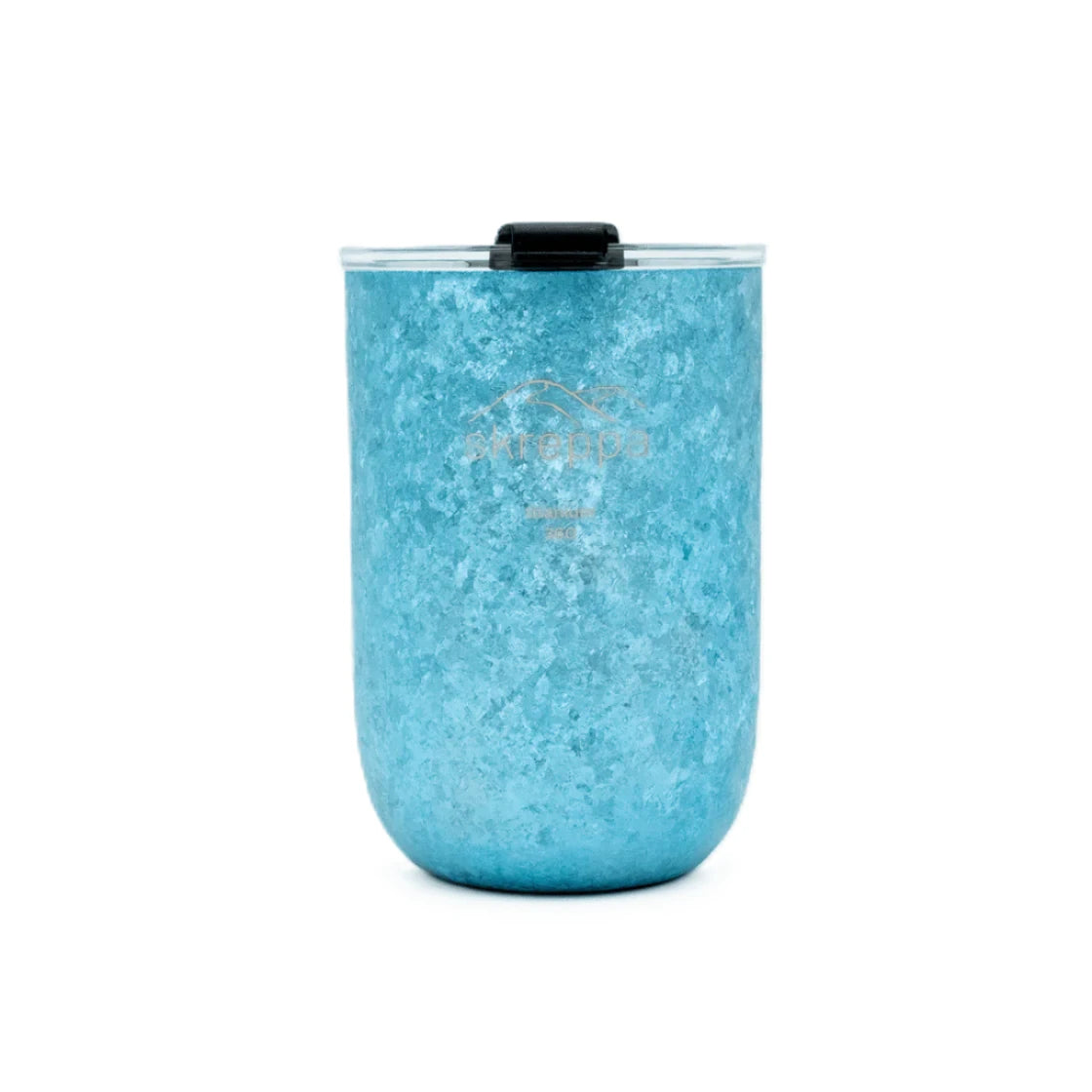 Blue Skreppa Double Wall Titanium Tumbler, ice-textured, clear lid, black sliding closure—premium insulated travel cup.