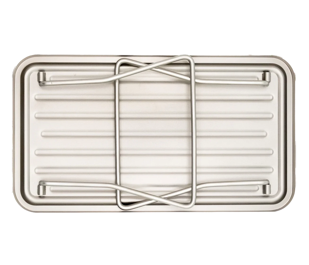 Skreppa Titanium Camping Table Small: lightweight, durable, metal outdoor table with diagonal wire rack for camping gear.