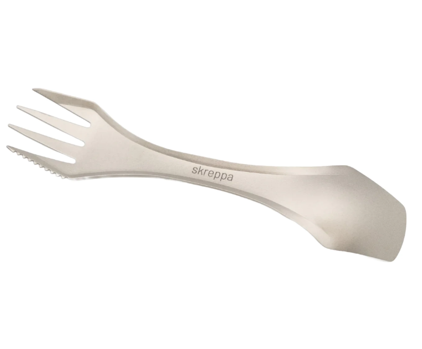 Skreppa TrekTensil 3-in-1 titanium camping cutlery—fork, knife, spoon—lightweight backpacking essential utensil.
