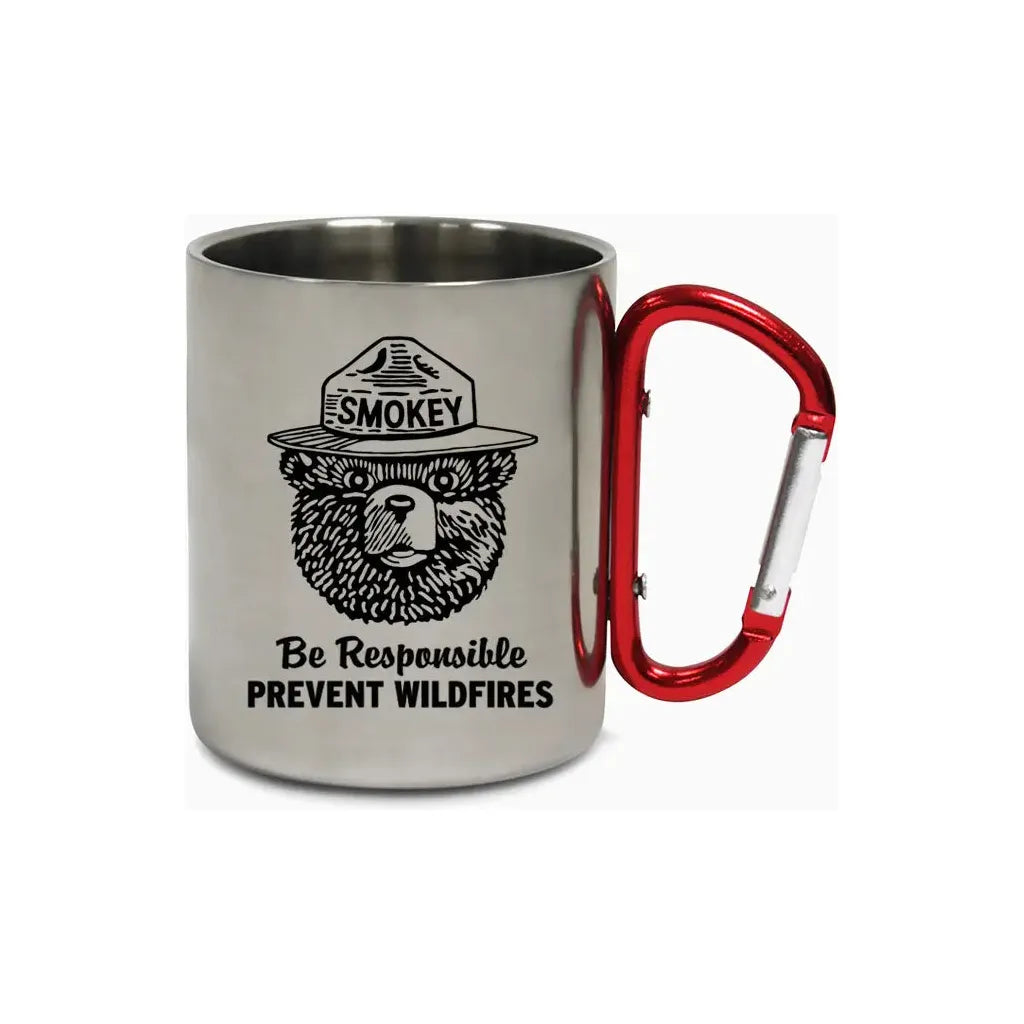 The Smokey Bear Carabiner Handle Mug - Be Responsible showcases a metal mug with a red carabiner handle and features an image of Smokey Bear wearing a hat along with the message "Smokey: Be Responsible, Prevent Wildfires.