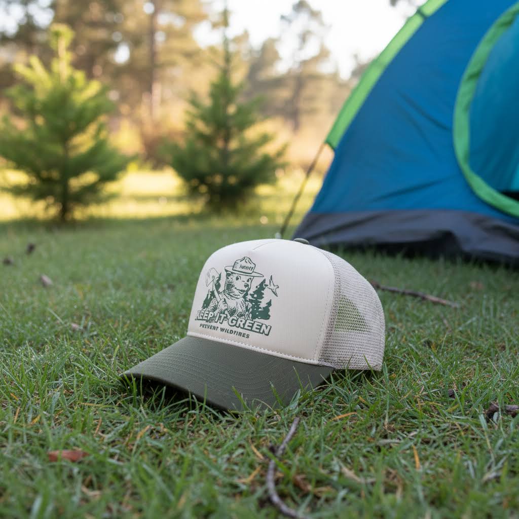 The Landmark Project Smokey Bear Keep It Green 5-Panel Trucker Cap - Sand/Vine