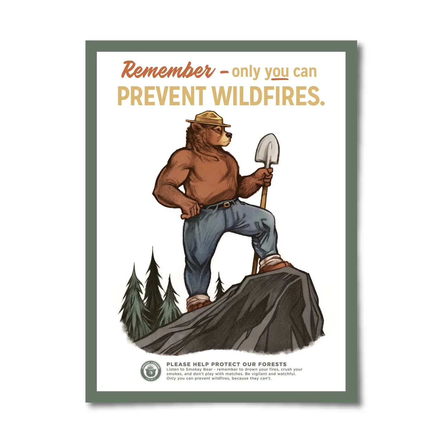 Smokey Bear 12X16 Poster by The Landmark Project features vintage park style, Smokey in jeans and hat, urging wildfire prevention.
