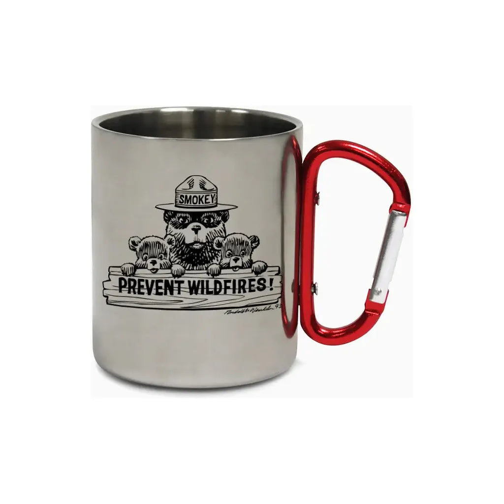 The Smokey Bear Carabiner Handle Mug - Smokey Friends, made of stainless steel and equipped with a red handle, showcases a cartoon of Smokey Bear with cubs, advocating "Prevent Wildfires!