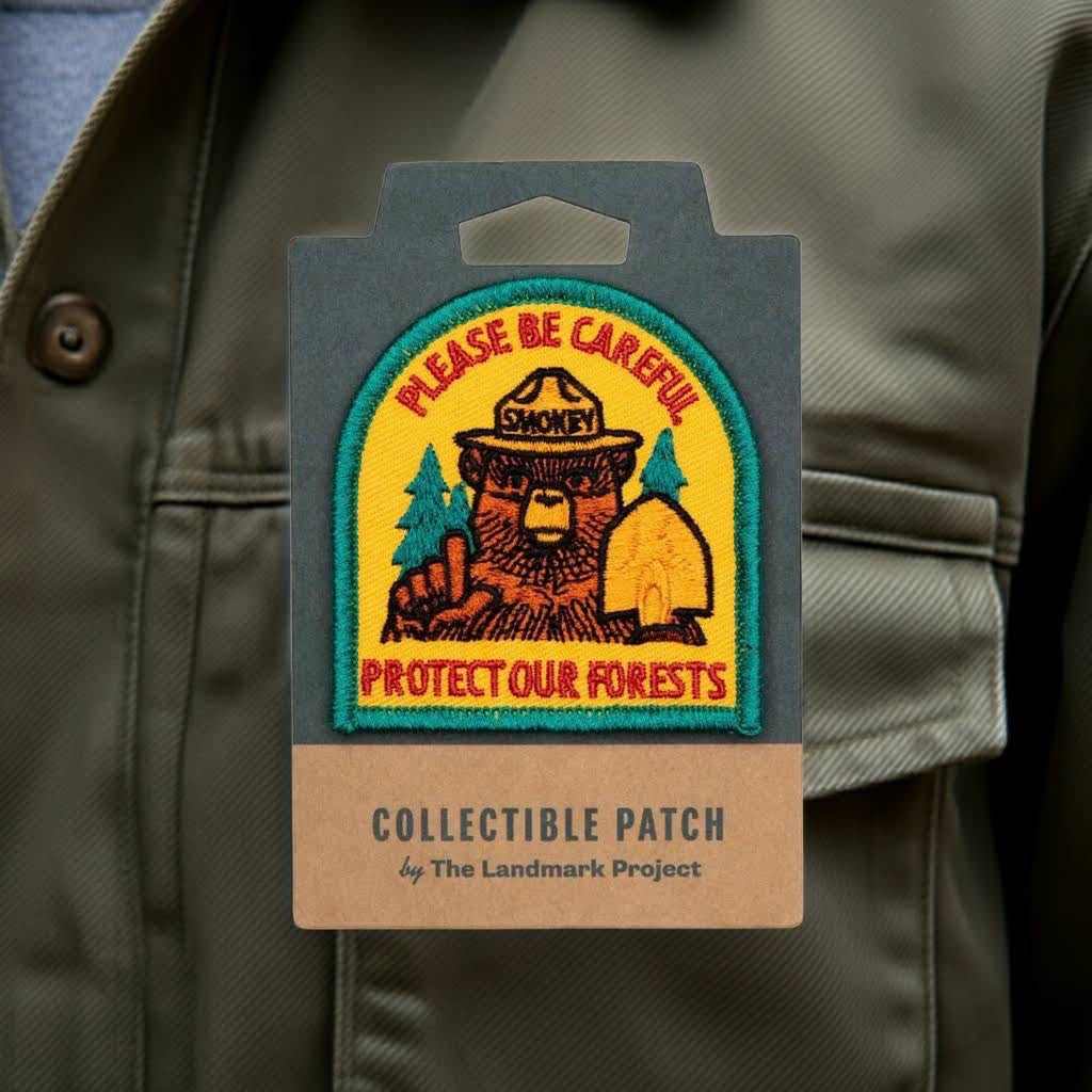 Forager Provisions LTD Smokey Bear Please Be Careful embroidered patch with yellow and green forest design