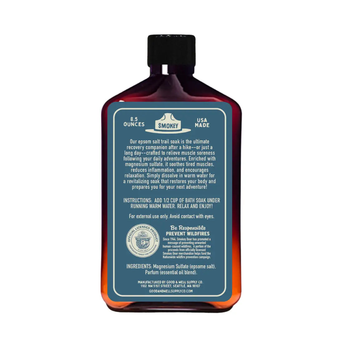 Forager Provisions LTD Good & Well Supply Co Smokey Bear bath soak bottle back label with ingredients and instructions.