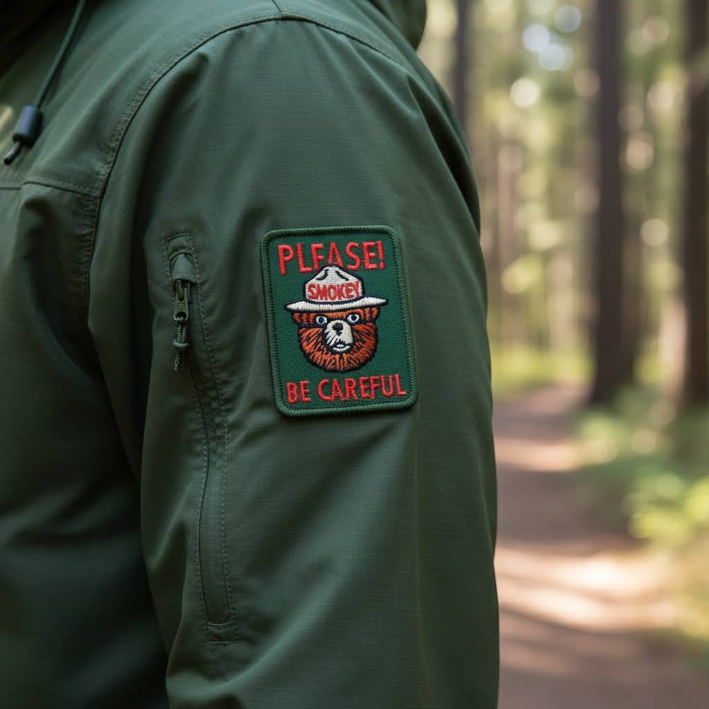 Forager Provisions LTD Smokey Bear Please Be Careful embroidered patch on a green jacket sleeve in a forest setting